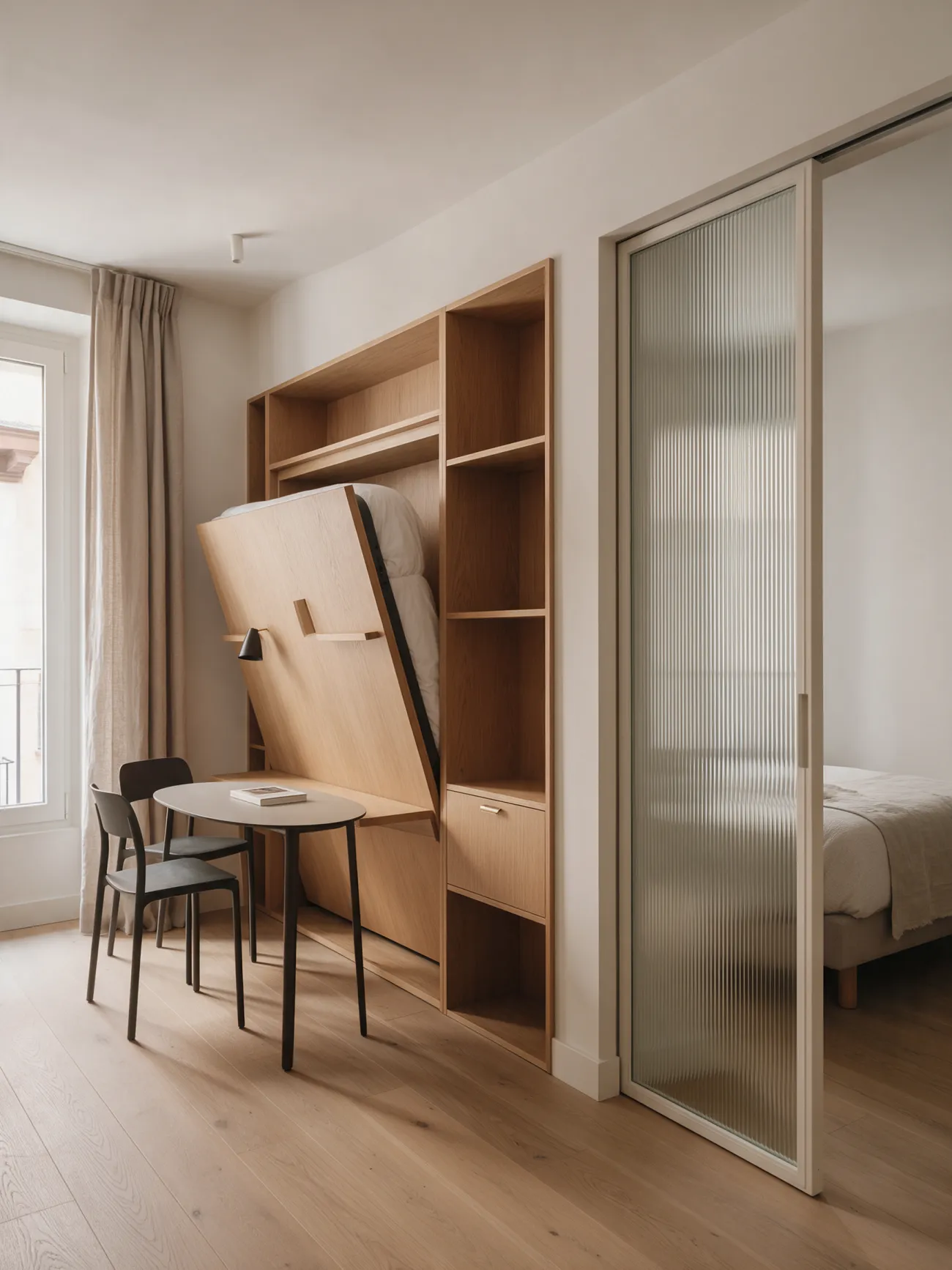 Estudio flexible con mobiliario integrado de roble y cama abatible