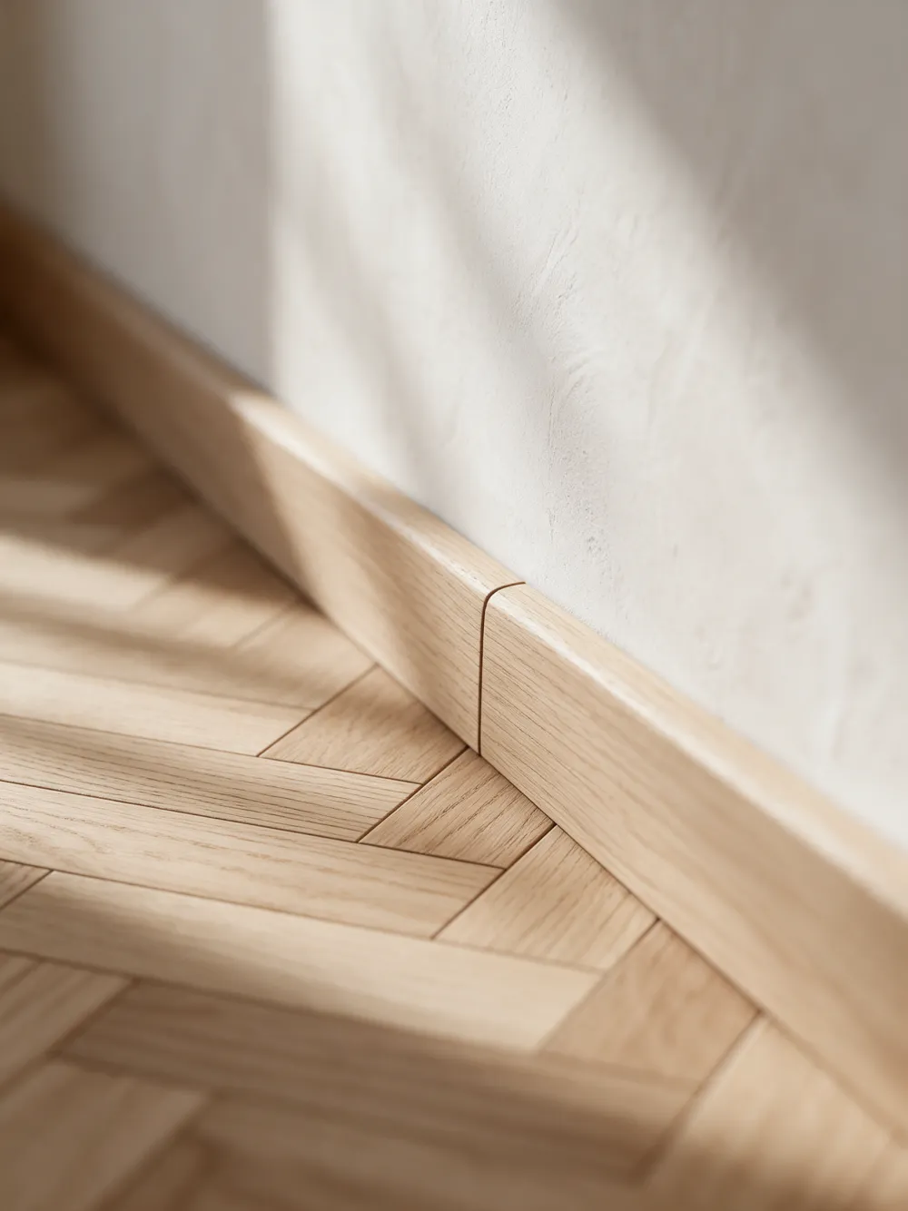 Detalle de roble natural en espiga junto a pared de cal