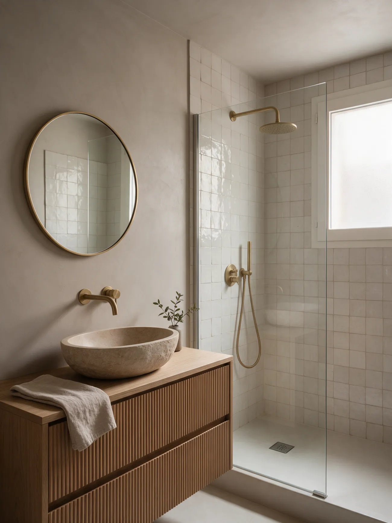 Baño de microcemento con lavabo de piedra
