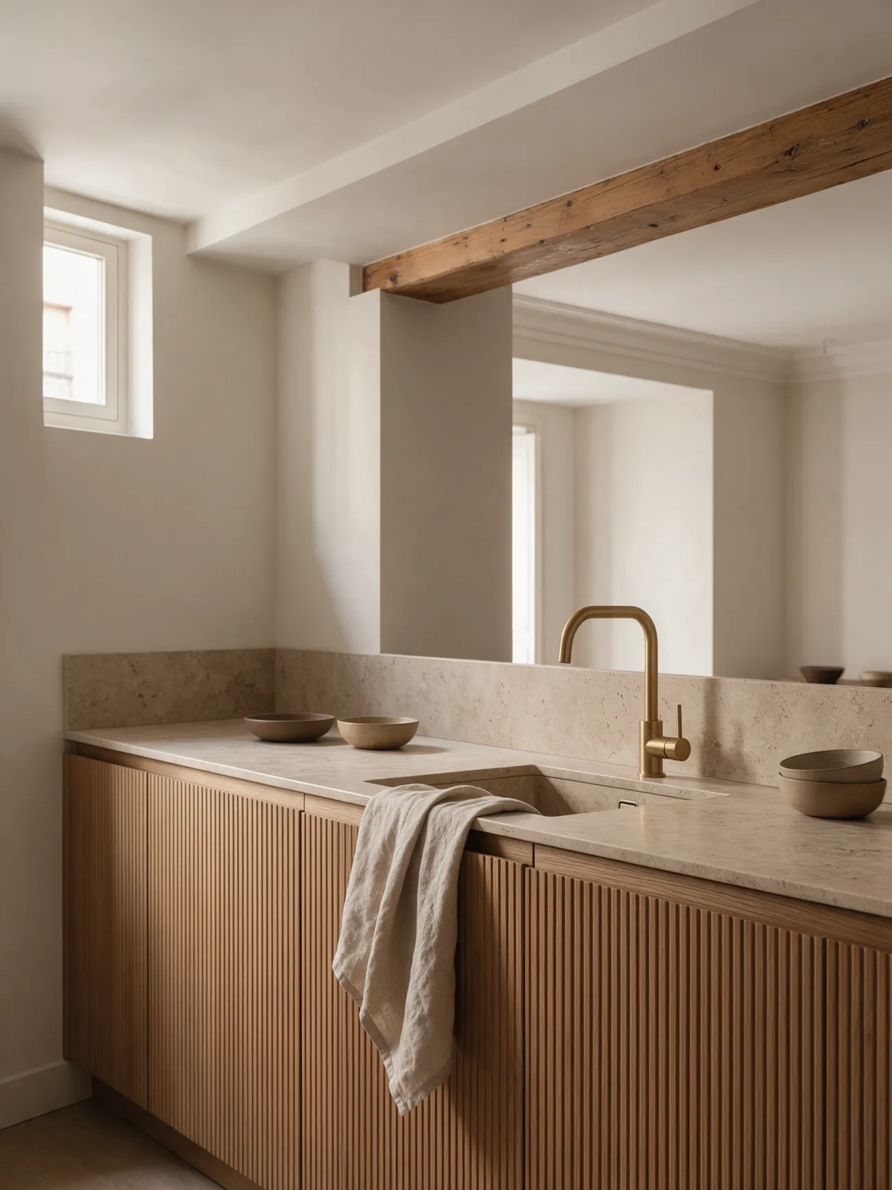 Cocina de roble acanalado con encimera de travertino
